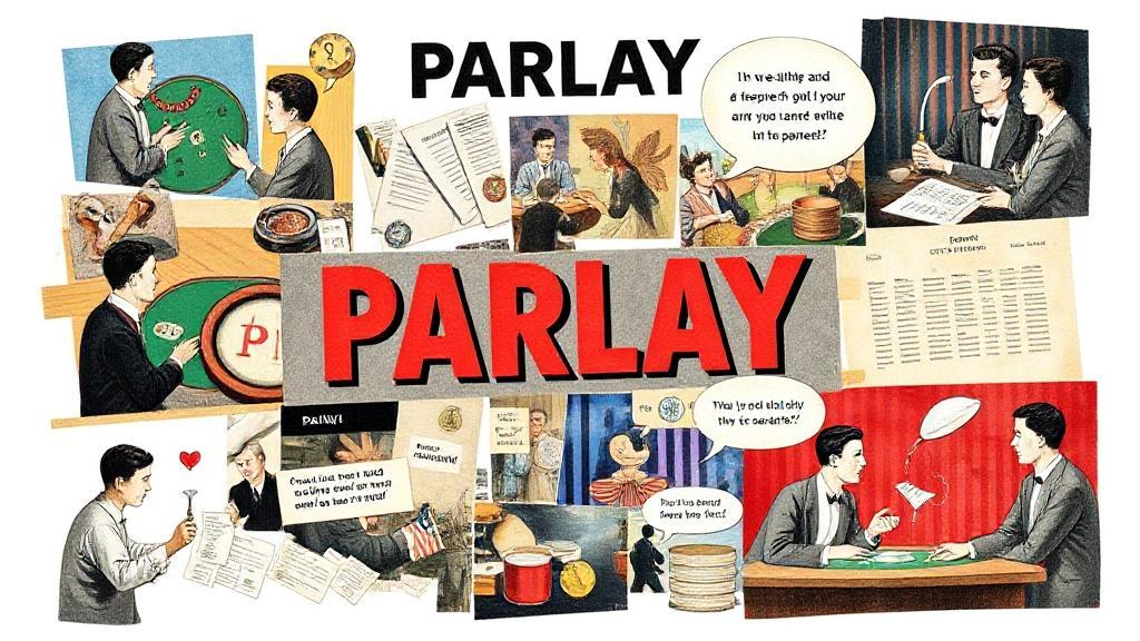 A dynamic collage illustrating the concept of "parlay" across various fields, including gambling, finance, and everyday conversation.