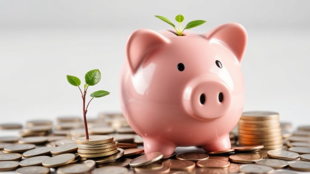 A serene image of a piggy bank surrounded by coins and a small plant, symbolizing growth and financial security.