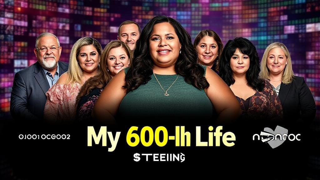 A collage of "My 600-lb Life" cast members and streaming platform logos set against a vibrant digital background.