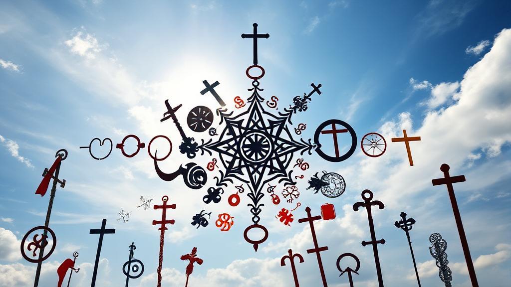 A diverse array of religious symbols intertwined against a backdrop of a serene, open sky, symbolizing the universal quest for truth.