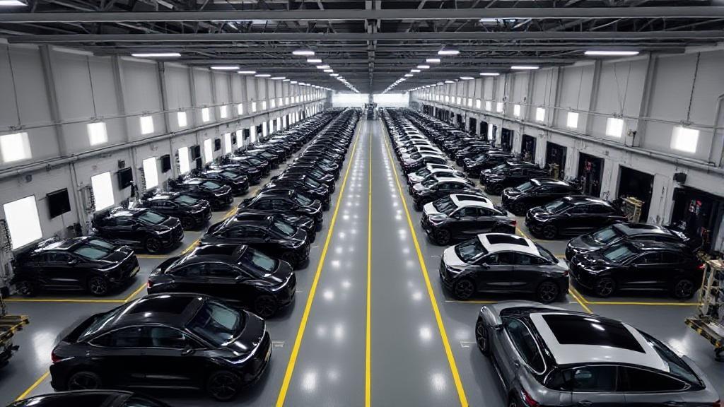"An aerial view of the sleek Polestar manufacturing facility, showcasing rows of electric vehicles in various stages of production."