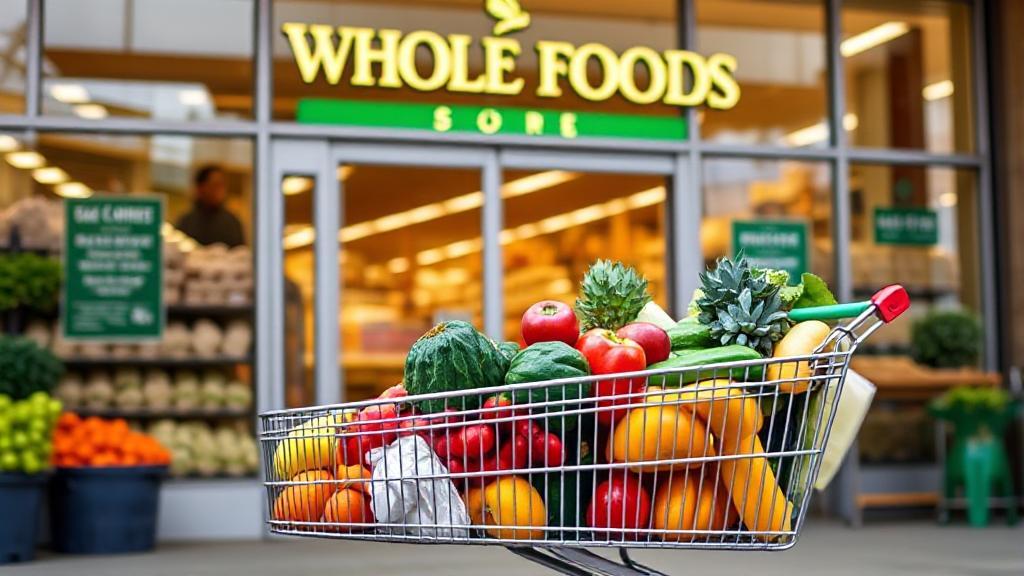 A vibrant image of a Whole Foods storefront with a shopping cart filled with fresh produce, highlighting accessibility and inclusivity.