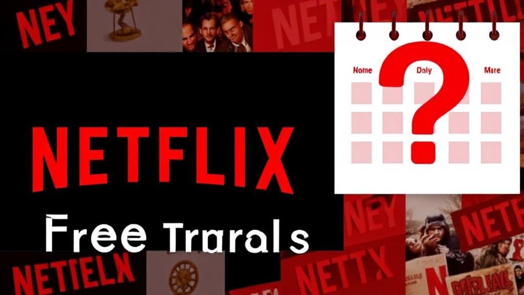 A vibrant collage of Netflix's iconic red logo, a calendar page, and a question mark, symbolizing the inquiry about free trials.