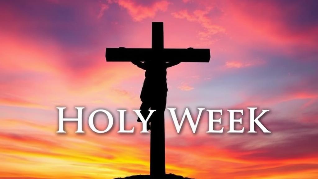 A serene depiction of a cross silhouetted against a vibrant sunset sky, symbolizing the spiritual journey of Holy Week.