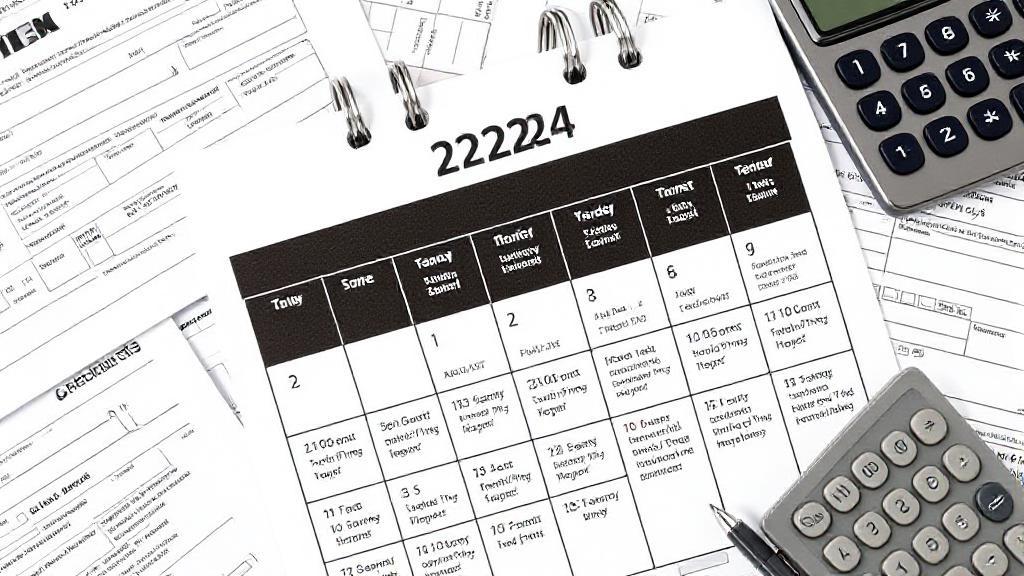 A calendar marked with important tax filing dates and deadlines for 2024, surrounded by tax forms and a calculator.