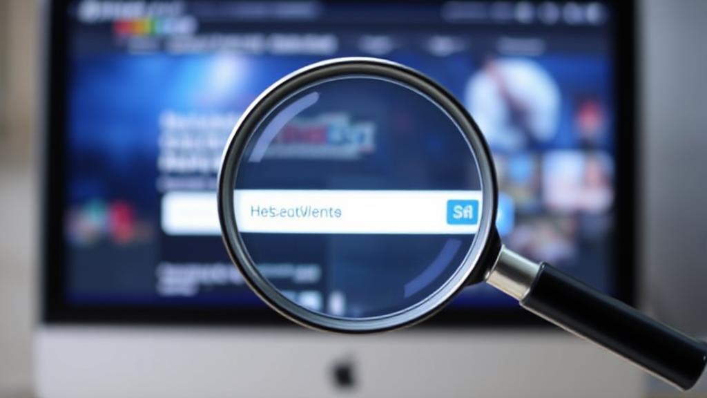 A magnifying glass hovering over a computer screen displaying a website, symbolizing the search for its hosting provider.