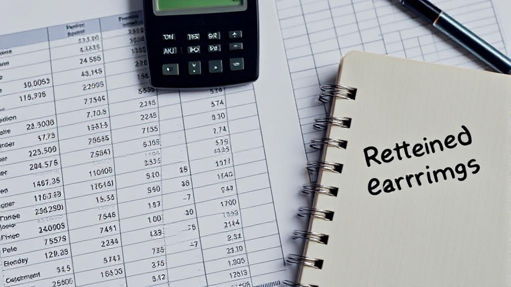 A financial spreadsheet with highlighted figures and a calculator placed beside a notebook labeled "Retained Earnings."