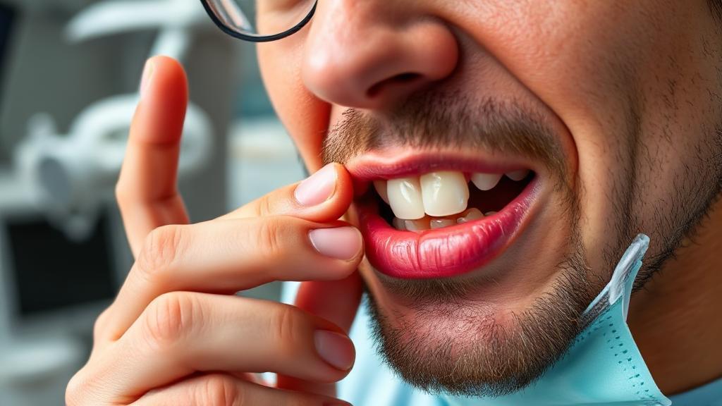 A close-up image of a concerned adult gently touching a slightly loose tooth, with a dentist's office in the background.