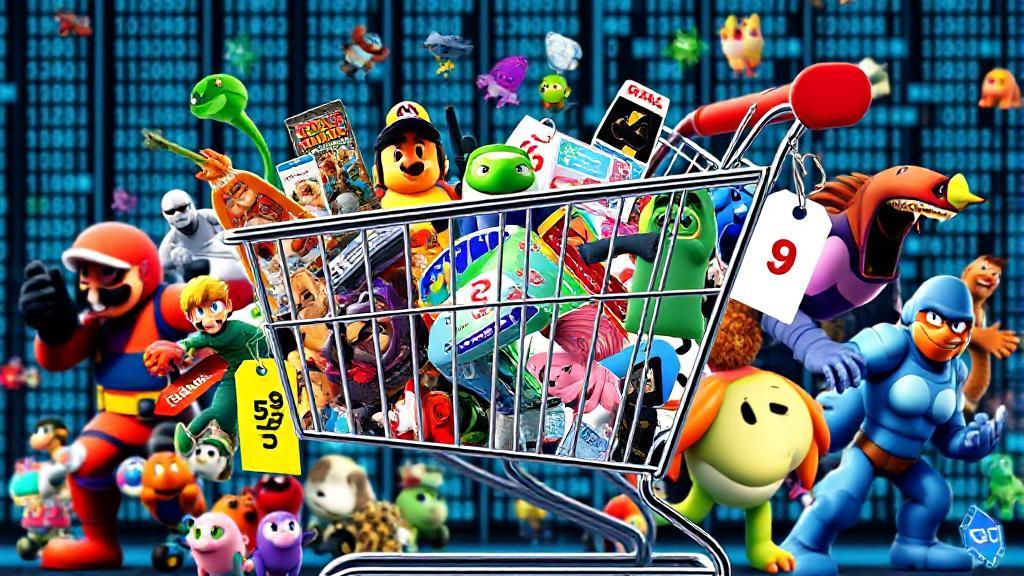 A vibrant collage of popular video game characters and discount tags set against a backdrop of a digital shopping cart.