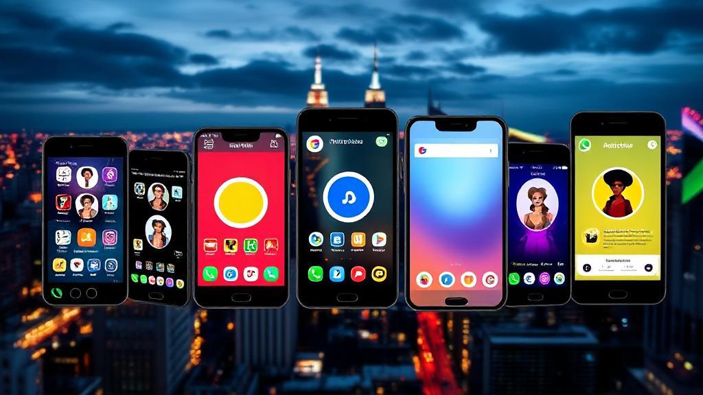 A vibrant collage of smartphone screens displaying various adult-oriented social media apps, set against a backdrop of a bustling cityscape at night.