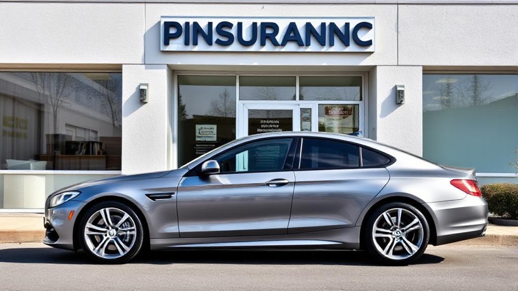 A sleek car parked in front of an insurance office, symbolizing the concept of gap insurance coverage.