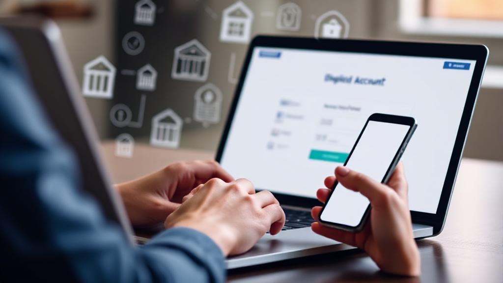 A person using a laptop and smartphone to open a checking account online, with digital banking icons in the background.