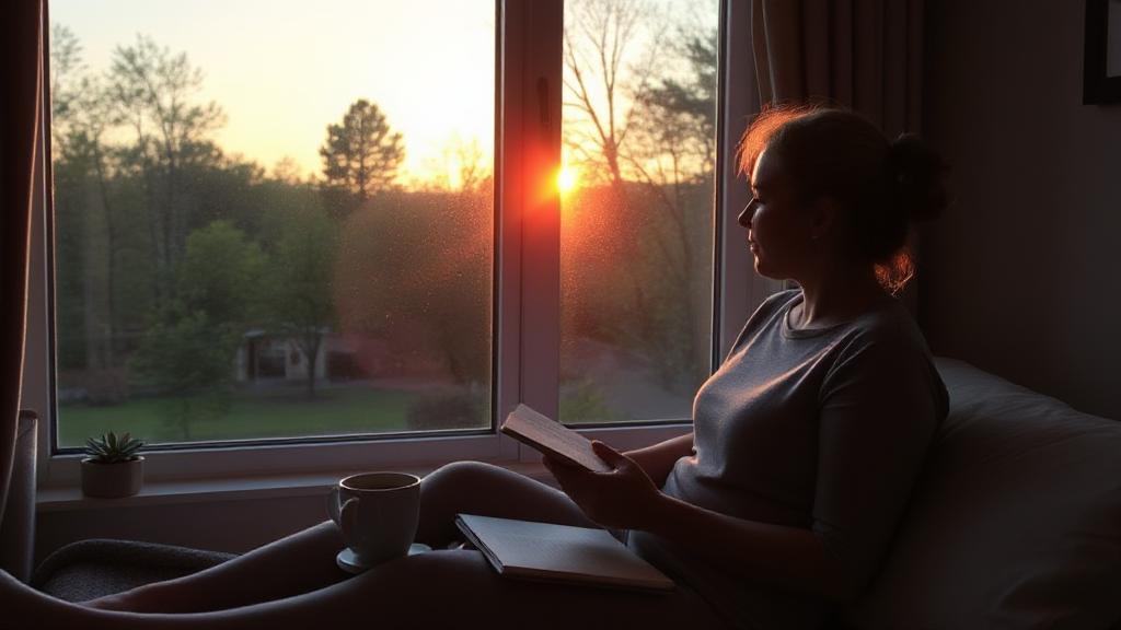A serene sunrise shines through a window as a person enjoys a peaceful morning with coffee, journaling, and gentle stretching.