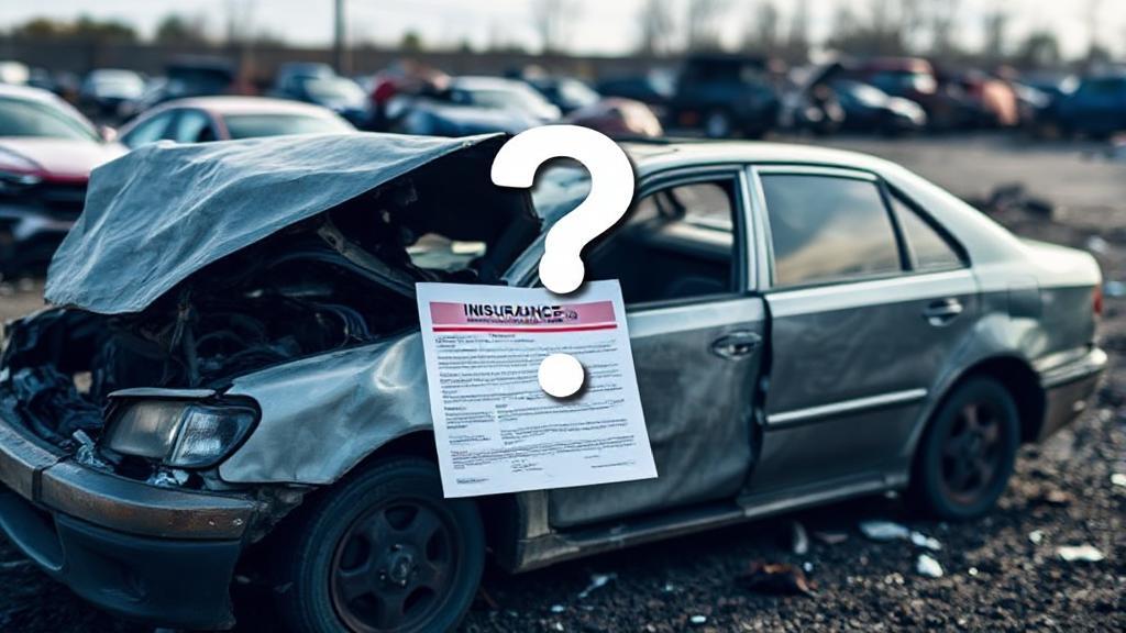 A wrecked car in a scrapyard with an insurance document and a question mark overlay.
