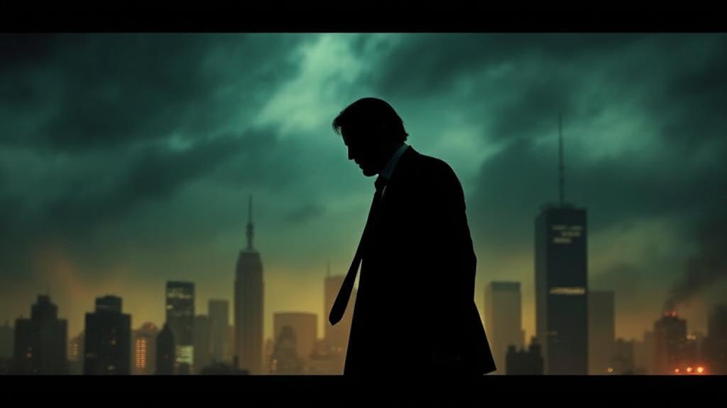 A dramatic silhouette of John Wick against a dimly lit cityscape, with hints of action and intrigue.