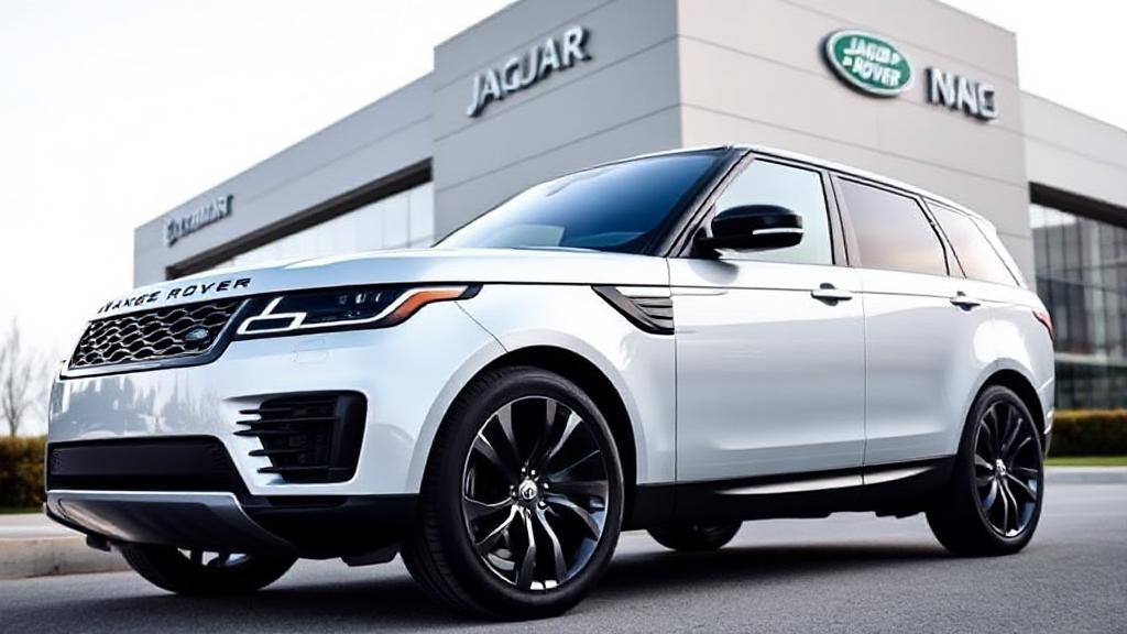 A sleek Range Rover vehicle parked in front of the Jaguar Land Rover headquarters.
