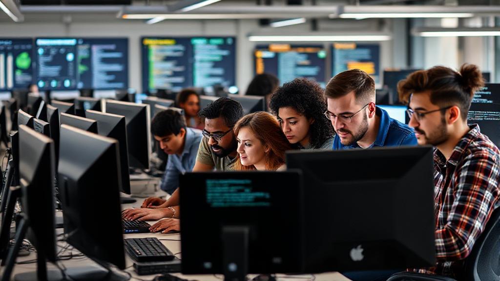 A diverse team of software engineers collaborating on code in a modern tech workspace, surrounded by computers and digital screens.