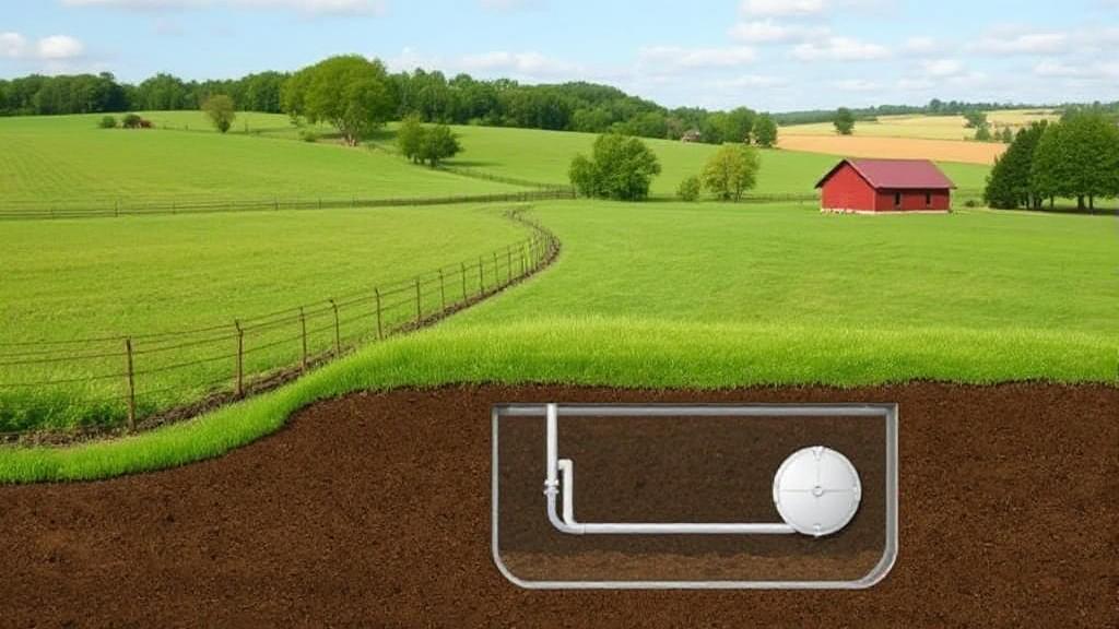 A serene rural landscape with a subtle illustration of an underground septic tank system, highlighting the importance of regular maintenance.