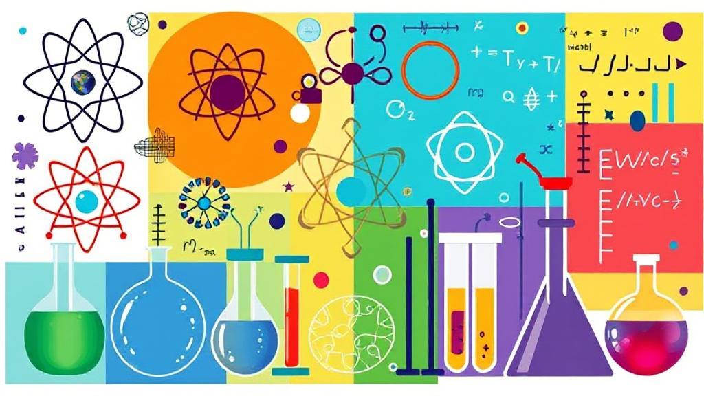 A vibrant collage of scientific symbols and tools, including atoms, test tubes, and mathematical equations, representing the diverse fields within the physical sciences.