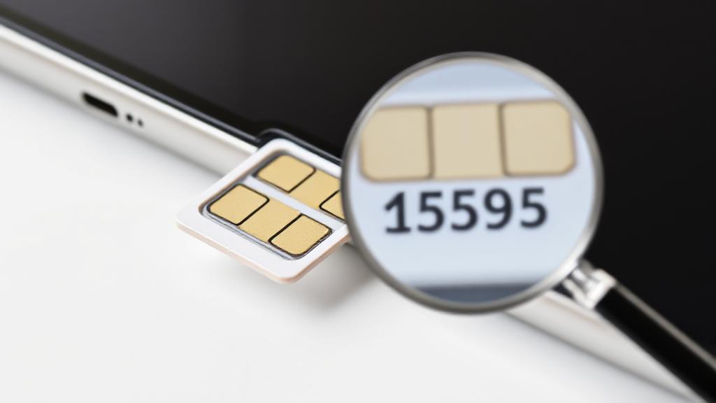 A close-up image of a smartphone with its SIM card tray ejected, displaying the SIM card and a magnifying glass highlighting the card's serial number.