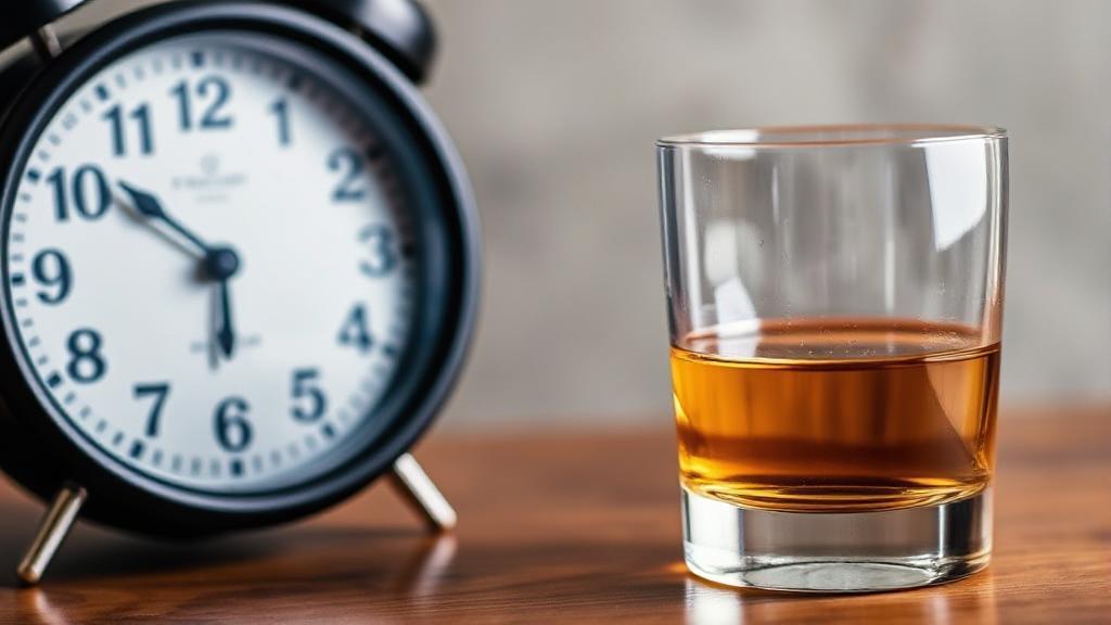 A clock with blurred numbers next to a half-empty glass of whiskey on a wooden table.