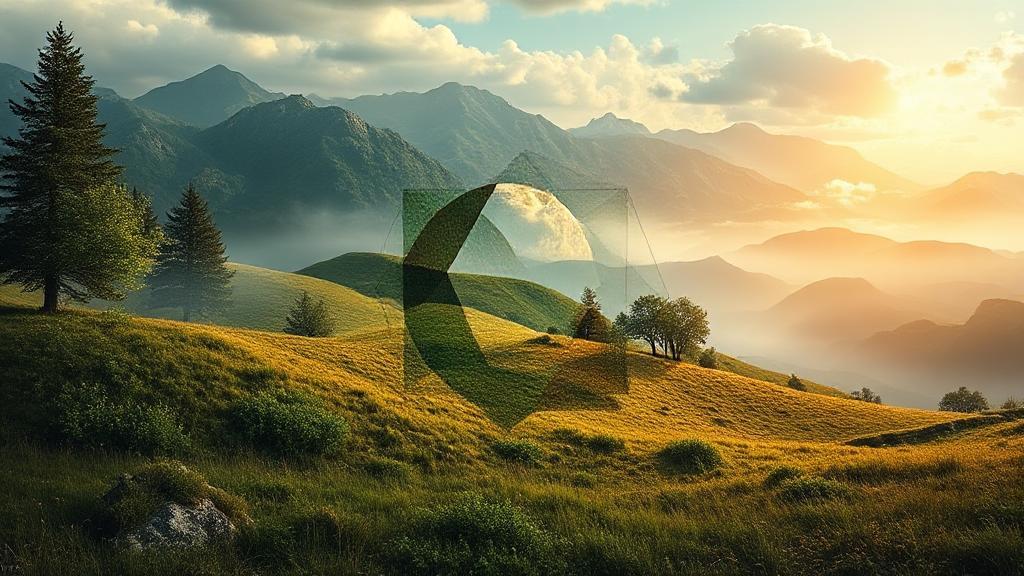 A serene landscape blending elements of nature and abstract geometric shapes, symbolizing the intersection of reality and philosophical inquiry.