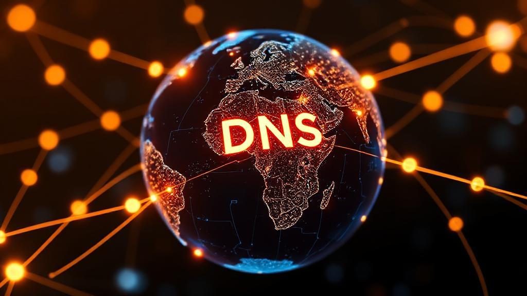 A digital illustration of a globe interconnected with glowing lines, symbolizing the global network of the Domain Name System (DNS).