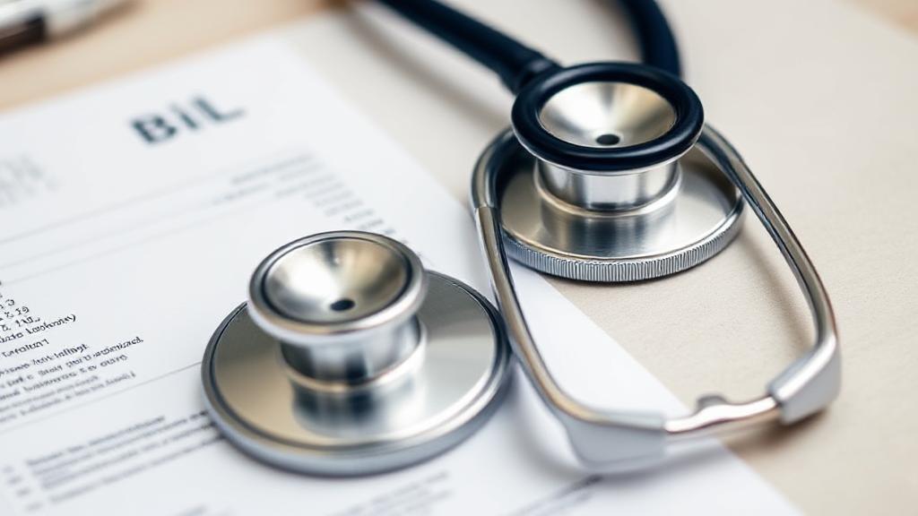 A close-up image of a medical bill and a stethoscope on a doctor's desk, symbolizing the financial aspects of undergoing a colonoscopy.