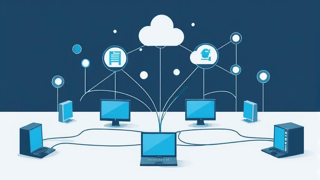 A dynamic illustration of interconnected computers and devices forming a network, symbolizing the concept of Local Area Networks (LANs).