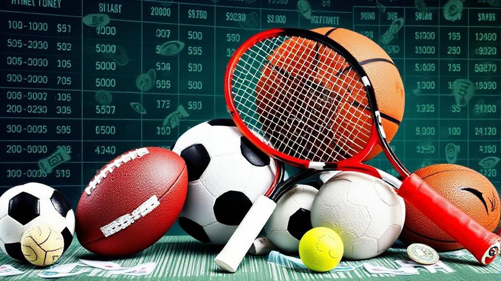A dynamic collage of various sports equipment, including a football, basketball, and tennis racket, set against a backdrop of betting odds and currency symbols.