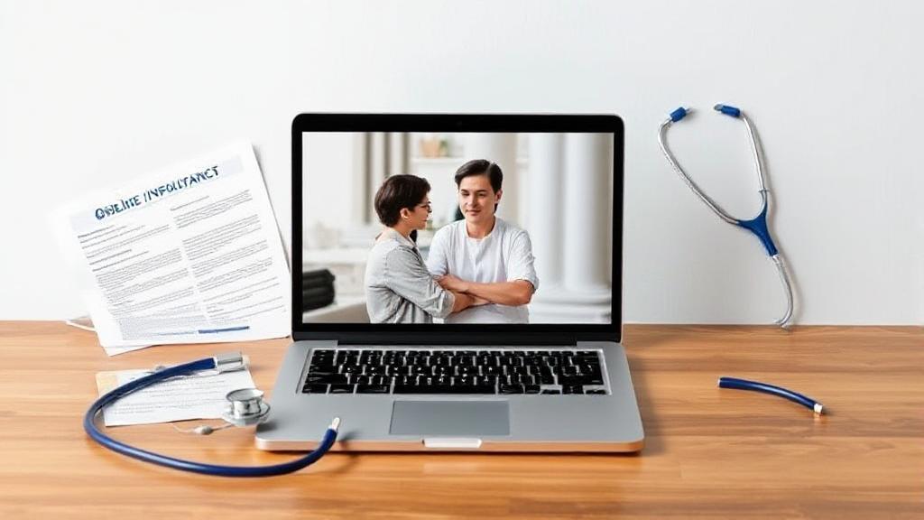 A header image featuring a laptop displaying a virtual therapy session, surrounded by insurance documents and a stethoscope, symbolizing the intersection of online therapy and insurance coverage.