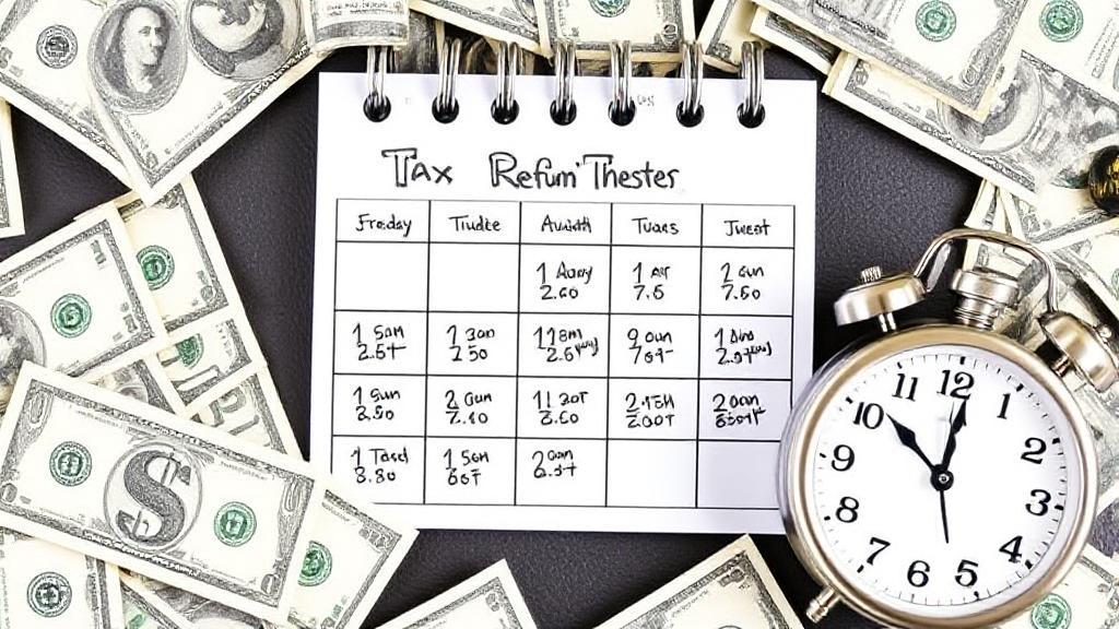 A calendar marked with key tax return dates, surrounded by dollar bills and a clock, symbolizing the timeline for receiving your tax refund.