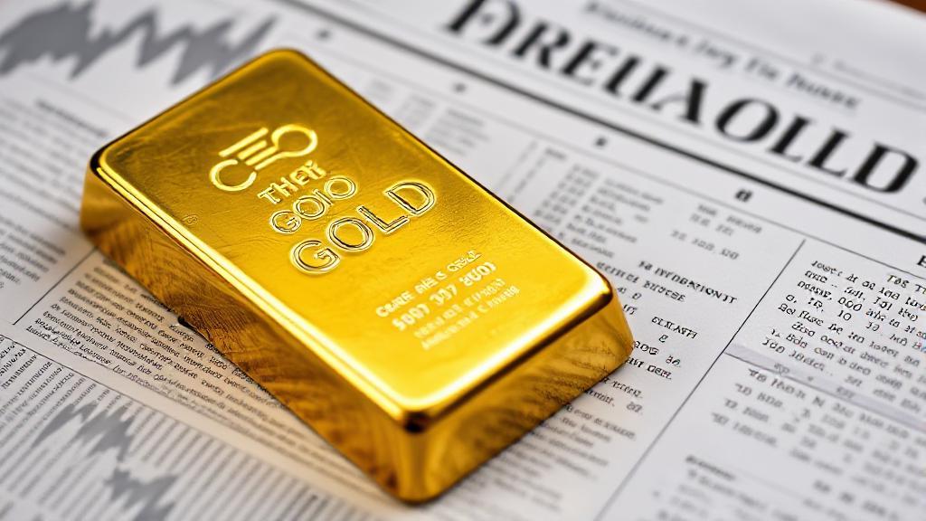 A gleaming gold bar resting on a financial newspaper, symbolizing the allure and complexity of gold investment.