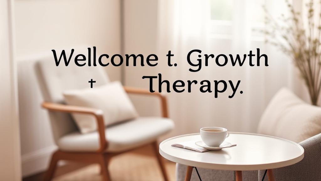 A serene image of a cozy therapy room with soft lighting, a comfortable chair, and a small table with a notepad and a cup of tea, symbolizing a welcoming space for personal growth and reflection.