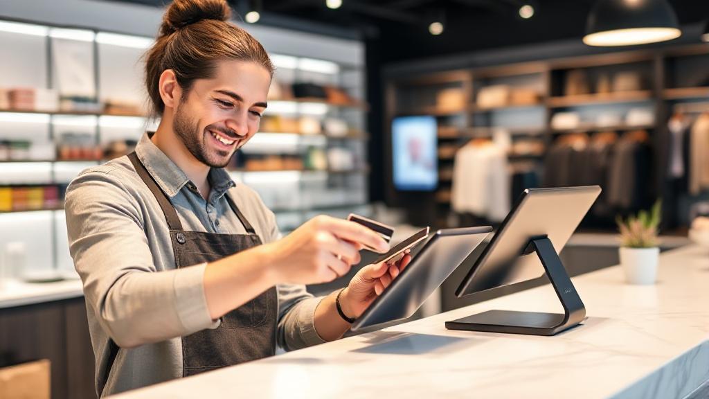 A business owner happily processes a credit card payment on a sleek tablet device at a modern retail counter.