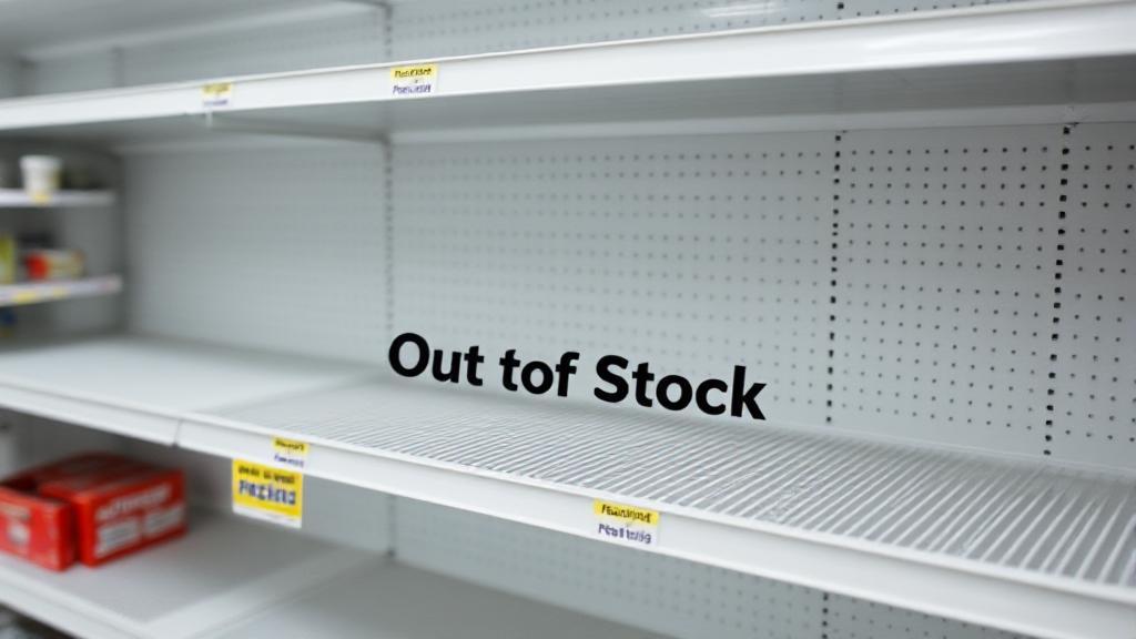 A close-up of empty pharmacy shelves with a "Zepbound Out of Stock" sign prominently displayed.
