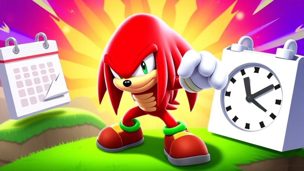 A dynamic header image featuring Knuckles the Echidna poised for action, set against a vibrant backdrop with a calendar and clock symbolizing the anticipation of his release date.