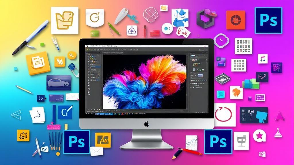 A vibrant collage of Photoshop tools and icons arranged around a computer screen displaying a digital artwork in progress.
