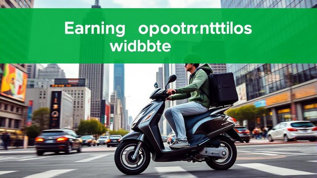 A dynamic image of a delivery driver on a scooter navigating through a bustling cityscape, symbolizing the earning opportunities with Uber Eats.