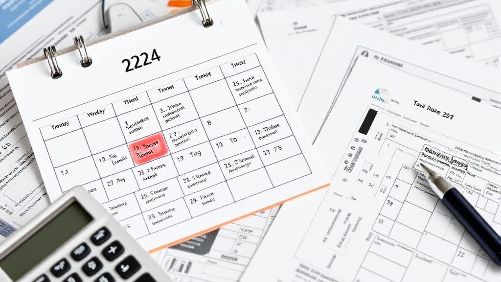 A calendar marked with important tax filing deadlines for 2024, surrounded by tax forms and a calculator.