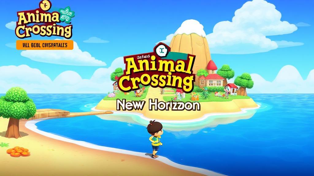A vibrant header image showing a colorful Animal Crossing: New Horizons island with villagers, trees, and a player character standing near the shoreline.