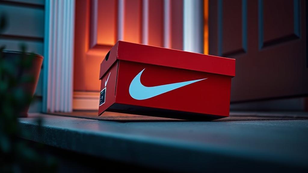 A dynamic image of a Nike shoebox on a doorstep, symbolizing the anticipation and excitement of receiving an online order.