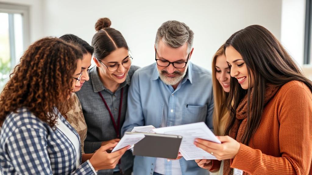 A diverse group of people examining health insurance documents and comparing options on a digital tablet.