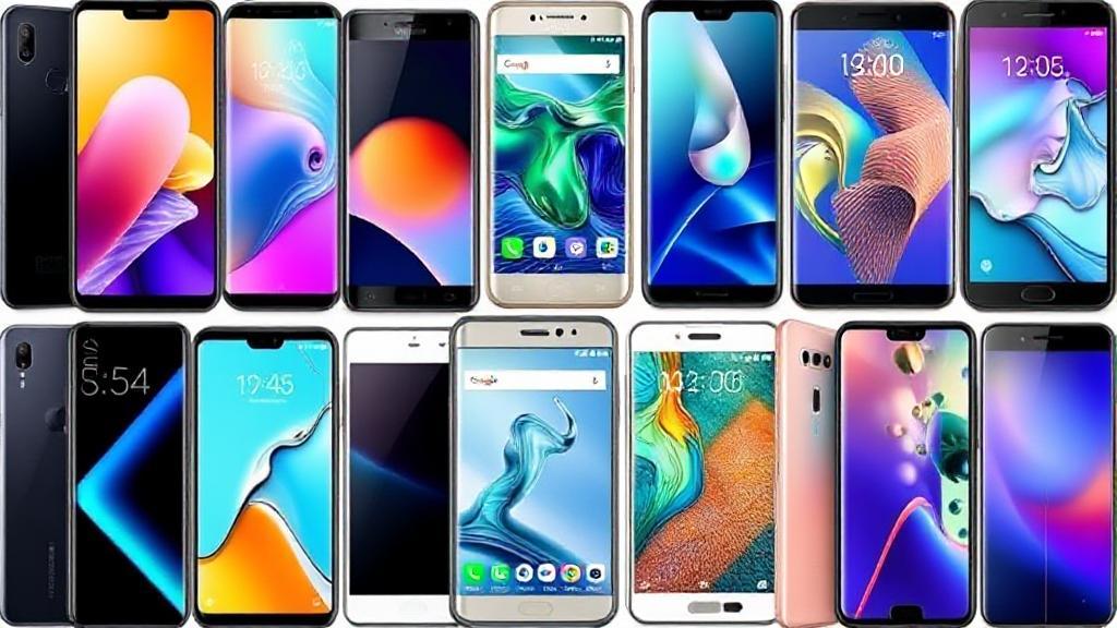 A dynamic collage of sleek, modern smartphones from leading brands, showcasing their unique designs and vibrant displays.