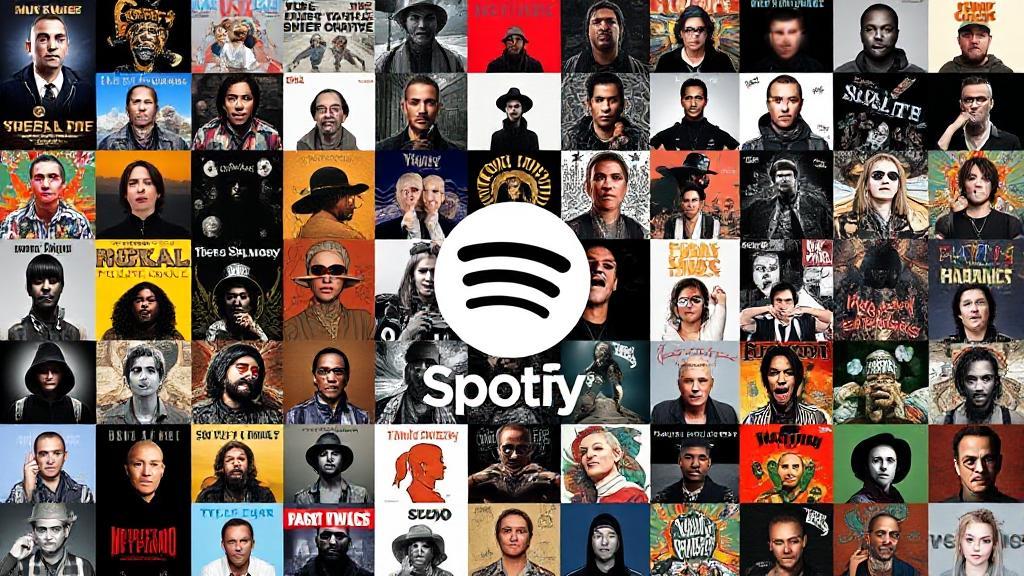 A vibrant collage of popular album covers and artist portraits, symbolizing the dynamic and ever-changing music scene on Spotify.