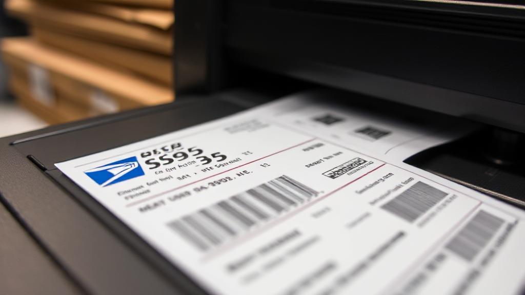 A close-up image of a USPS shipping label being printed from a desktop printer, with a stack of packages ready for shipping in the background.