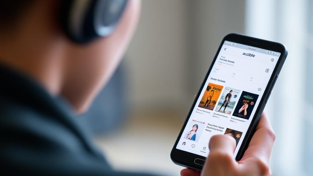 A person wearing headphones and holding a smartphone, with an open Audible app displaying an audiobook library in the background.