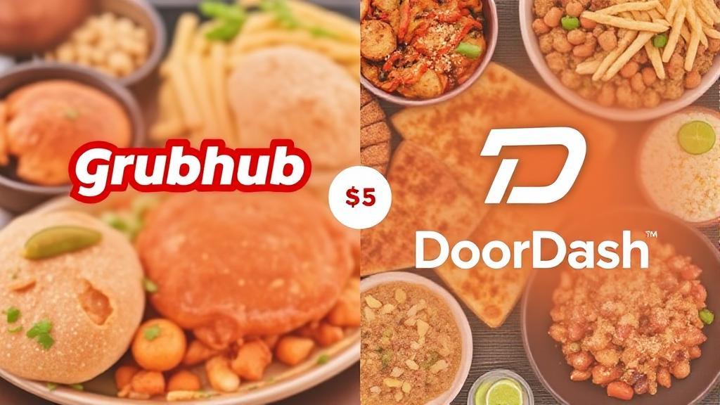 A split-screen image showing Grubhub and DoorDash logos with a background of various food items and a price tag symbol in the center.