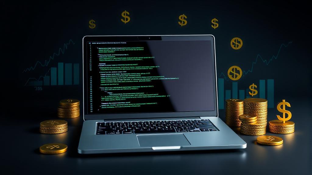 A sleek laptop displaying code, surrounded by financial charts and currency symbols, representing the 2023 average salary of computer engineers.