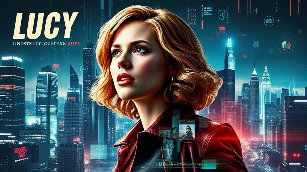 A dynamic collage featuring Scarlett Johansson as Lucy, with digital streaming icons and a futuristic cityscape backdrop.